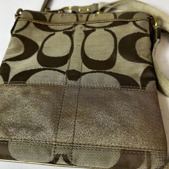 Coach Tan Brown Signature Canvas Champagne Gold Stripe Small Crossbody Bag - Picture 2 of 13